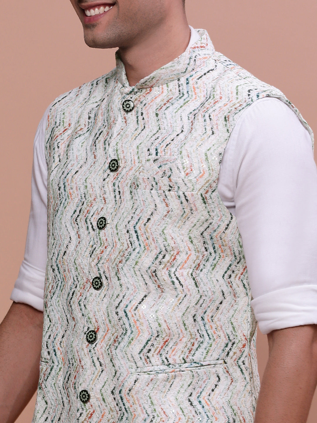 Men Embellished Cream Slim Fit Nehru Jacket