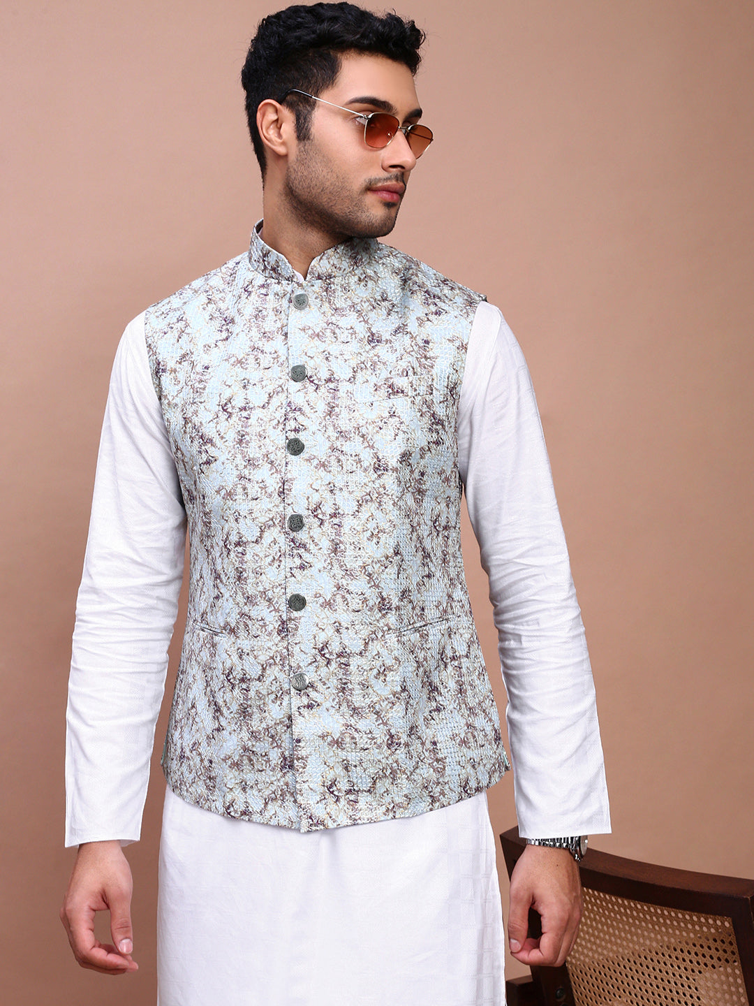 Men Embroidered Sea Green Slim Fit Nehru Jacket