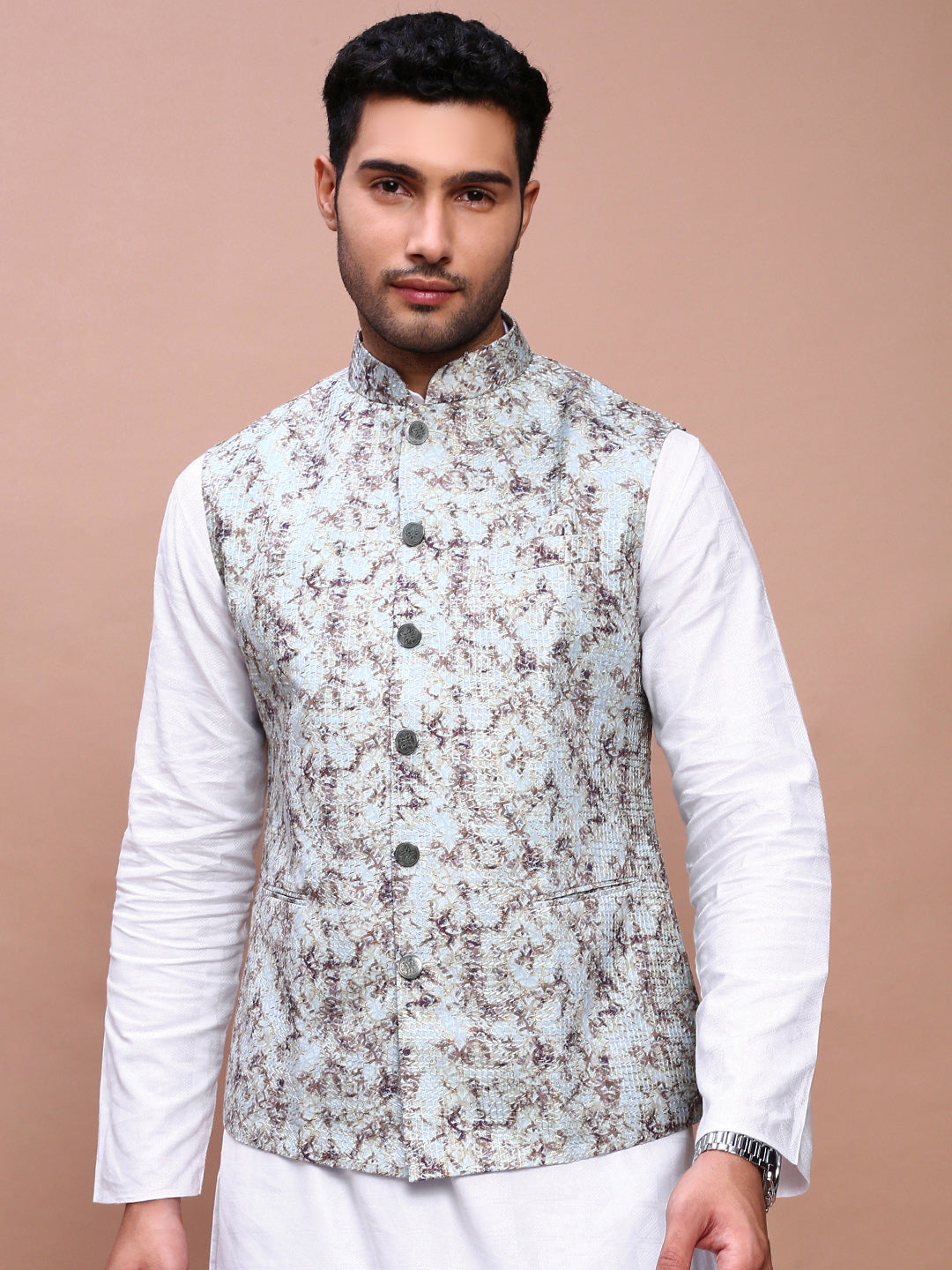 Men Embroidered Sea Green Slim Fit Nehru Jacket