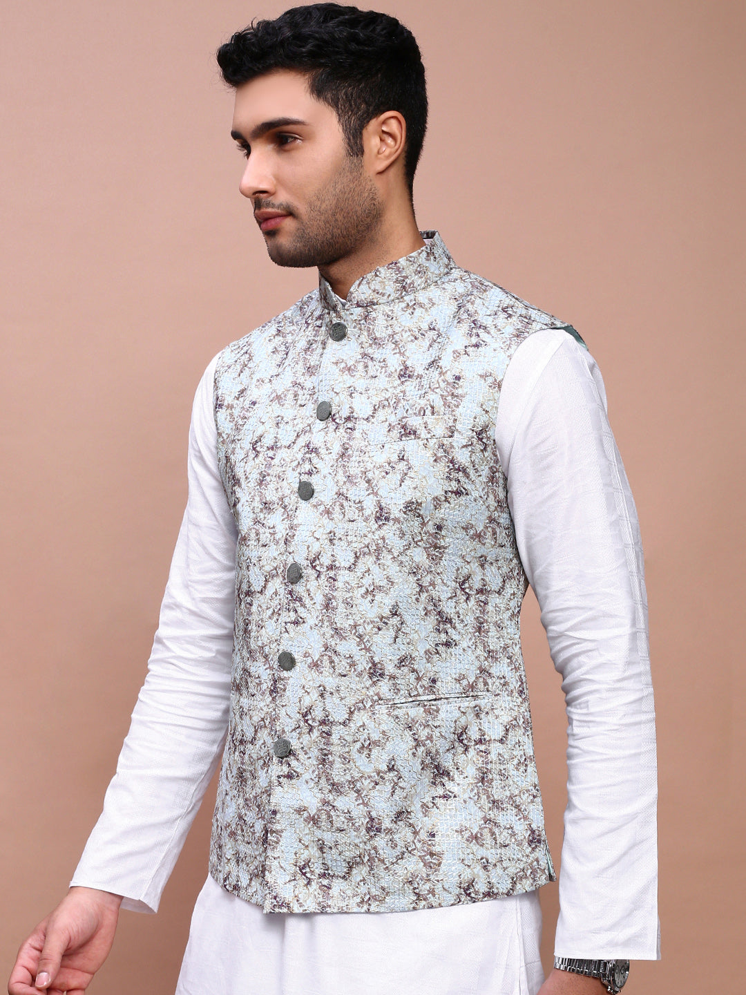 Men Embroidered Sea Green Slim Fit Nehru Jacket