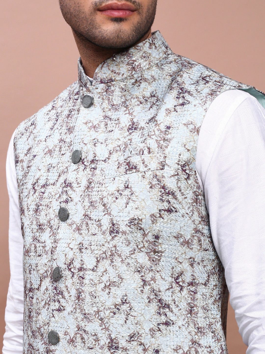 Men Embroidered Sea Green Slim Fit Nehru Jacket