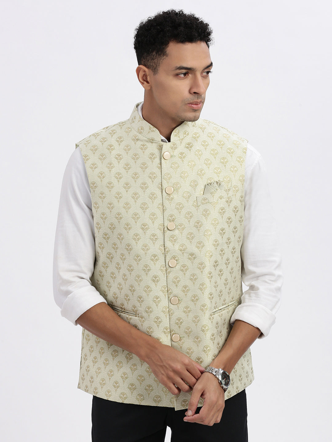 Men Green Printed Nehru Jacket