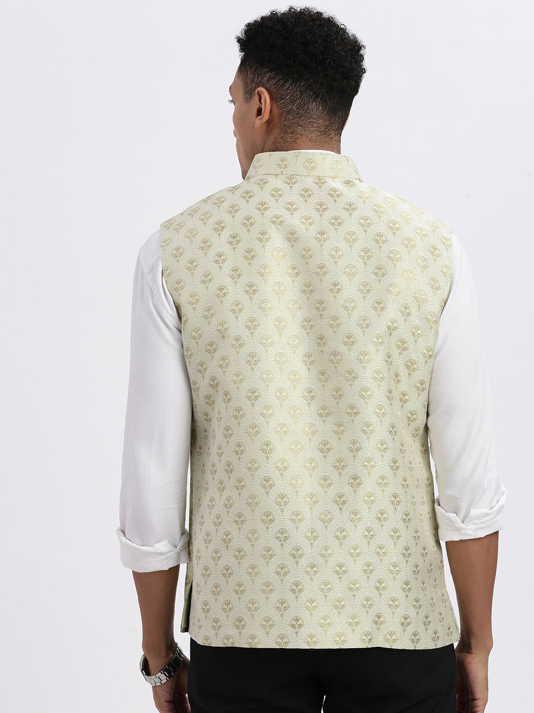 Men Green Printed Nehru Jacket