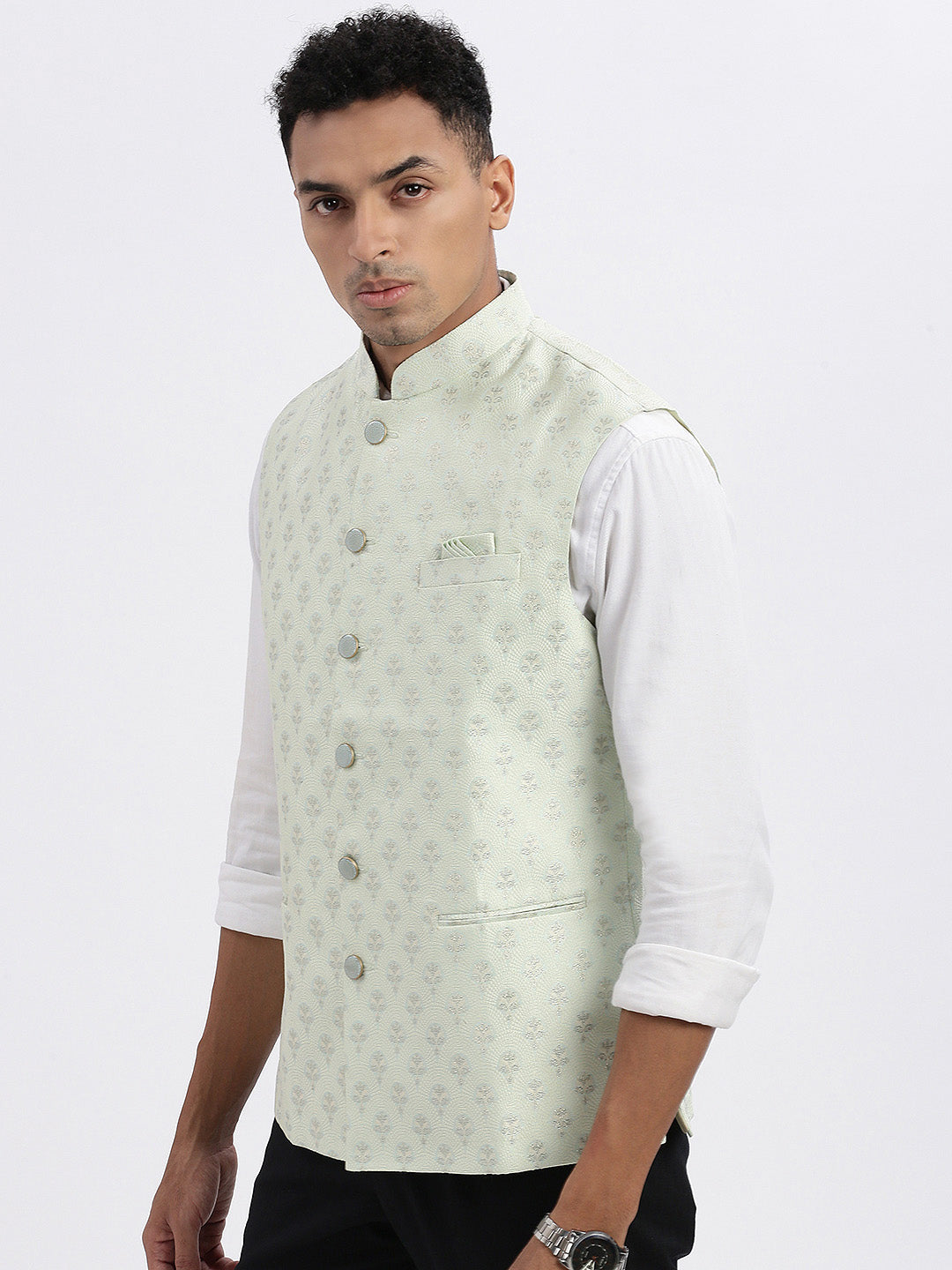 Men Green Printed Nehru Jacket