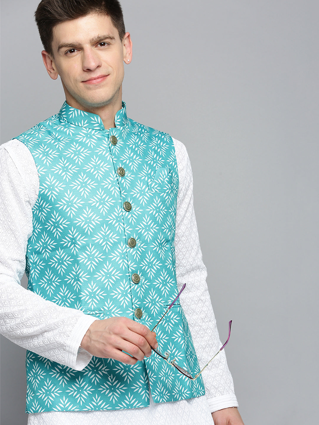 Men Mandarin Collar Printed Green Nehru Jacket