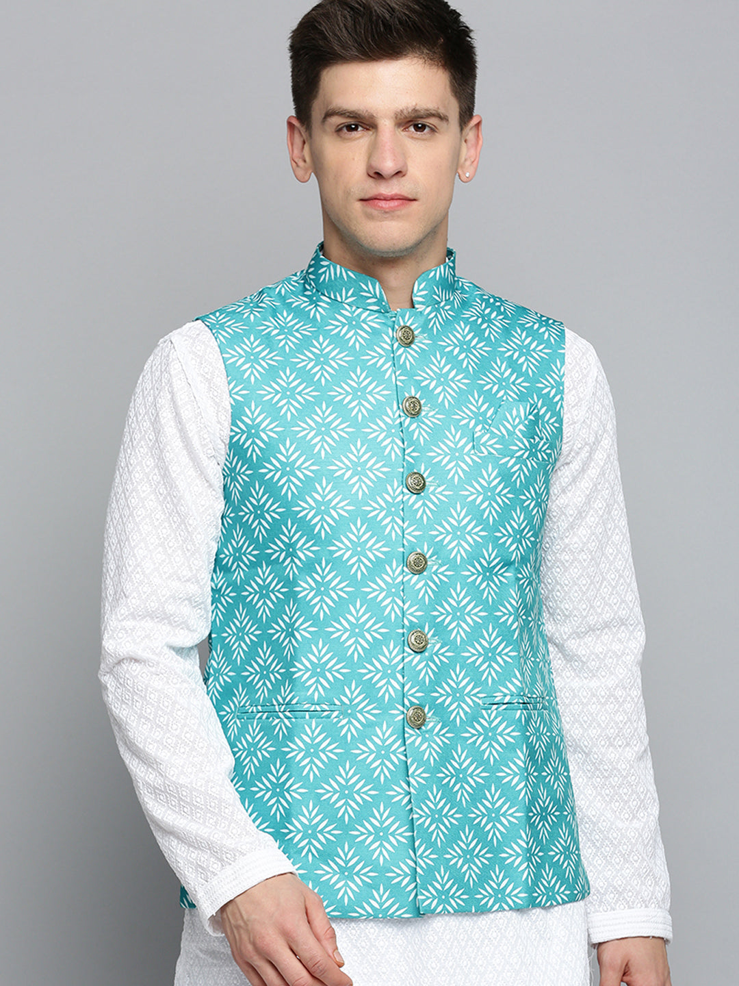 Men Mandarin Collar Printed Green Nehru Jacket