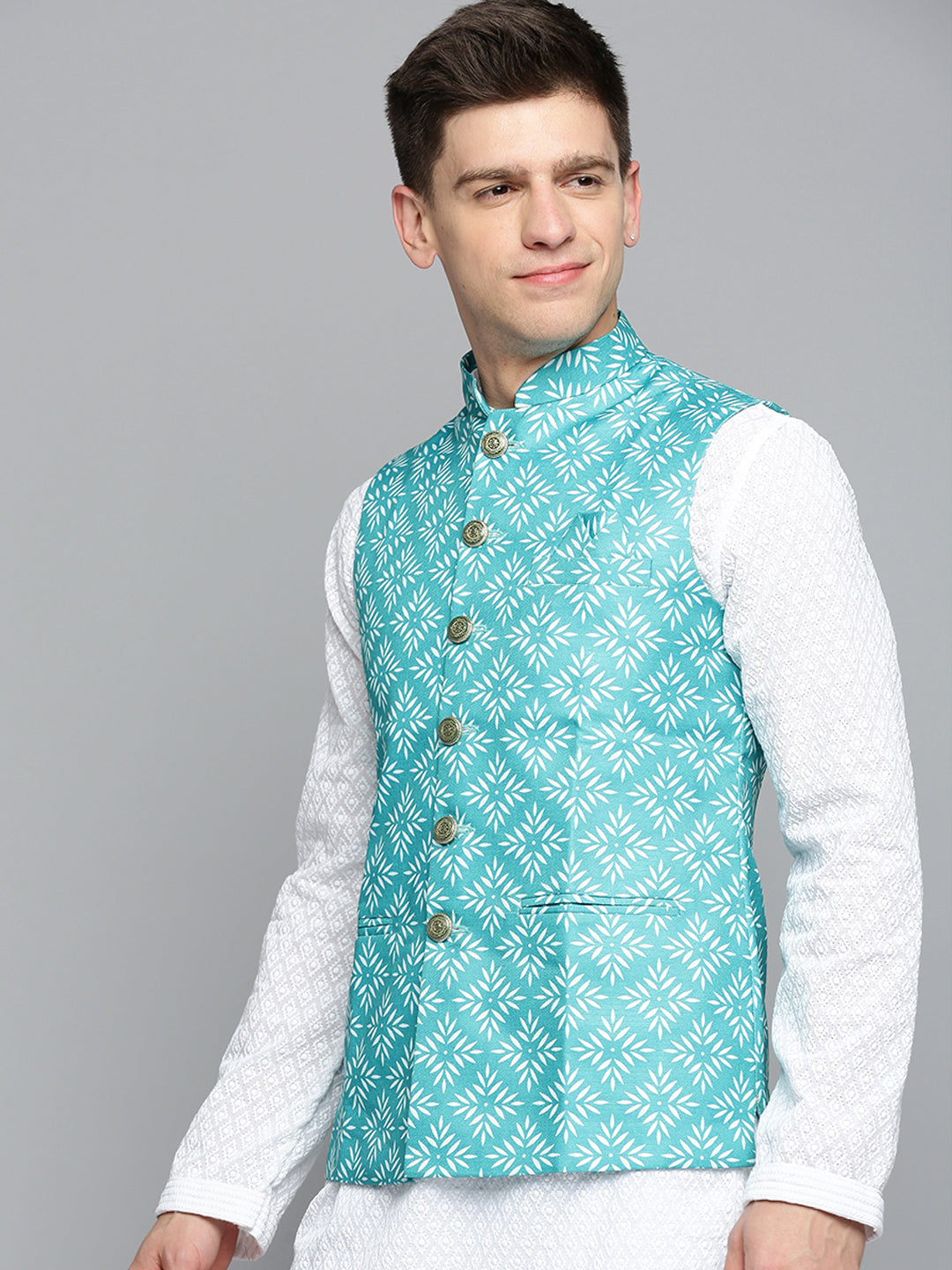 Men Mandarin Collar Printed Green Nehru Jacket