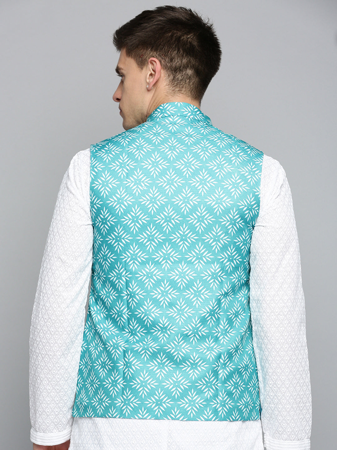 Men Mandarin Collar Printed Green Nehru Jacket