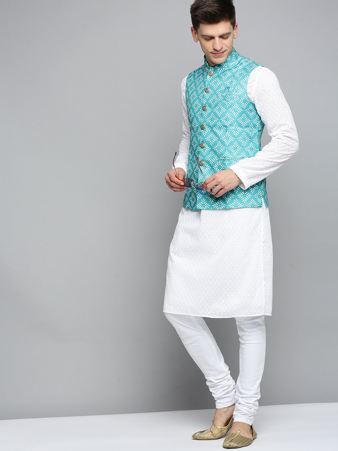 Men Mandarin Collar Printed Green Nehru Jacket