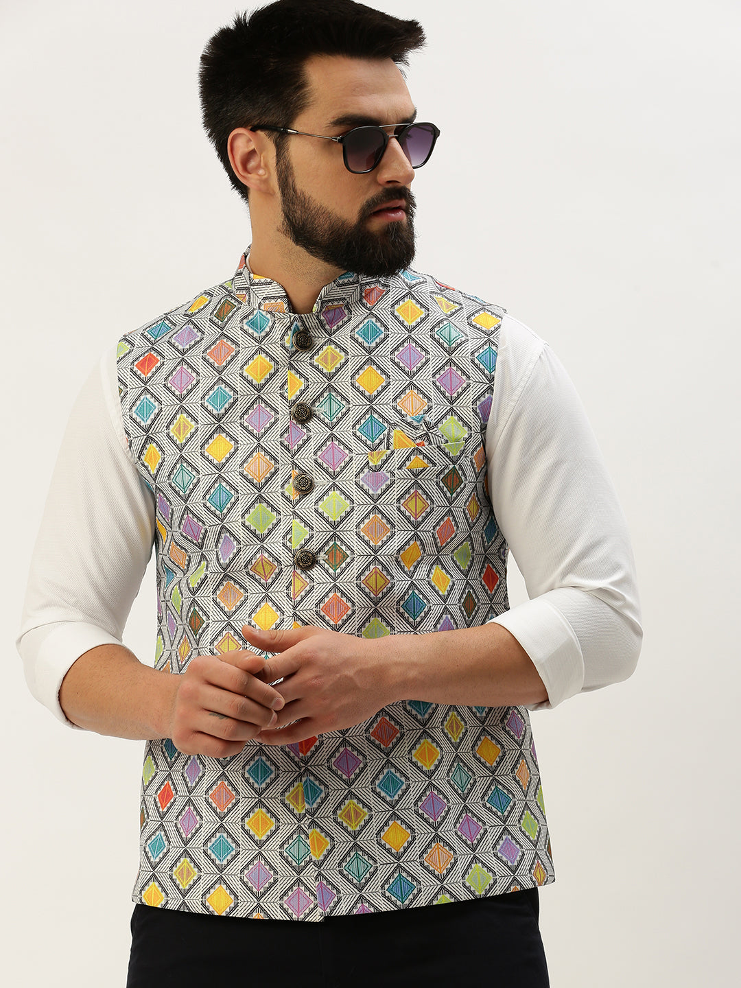 Men Mandarin Collar Printed Multi Nehru Jacket