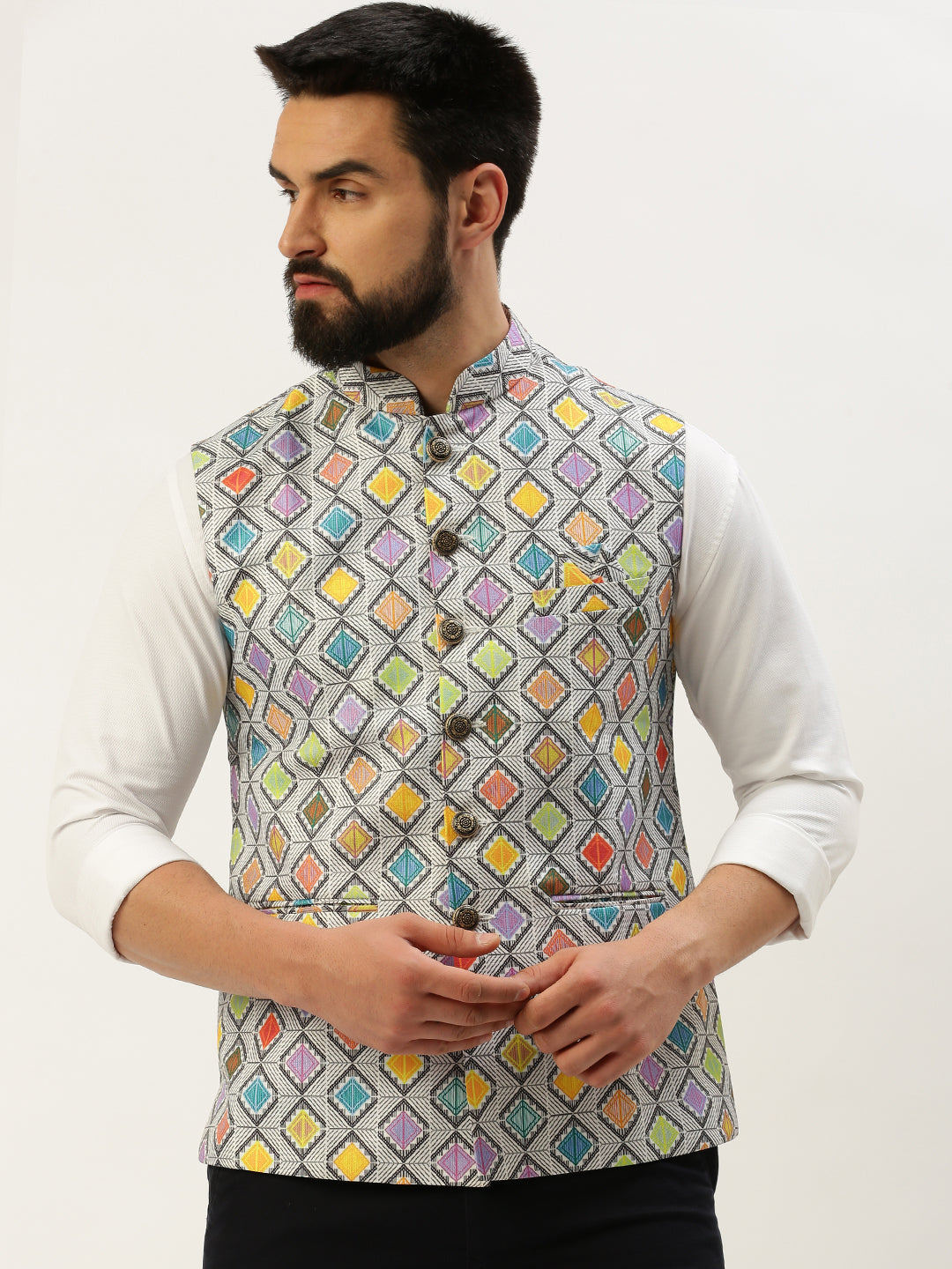 Men Mandarin Collar Printed Multi Nehru Jacket