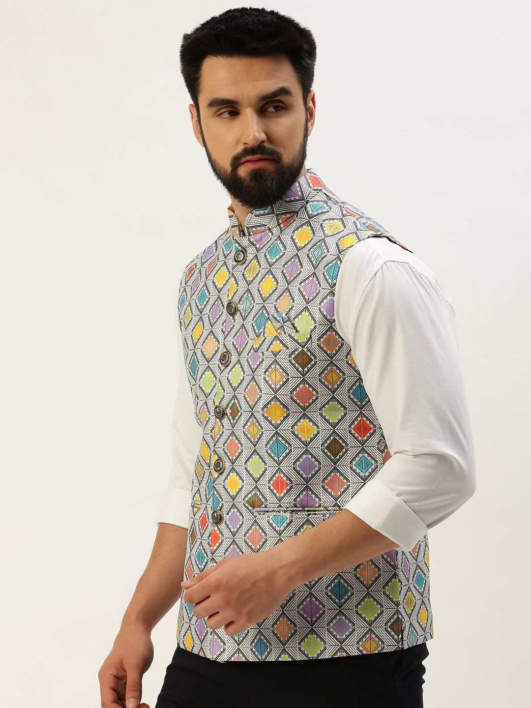 Men Mandarin Collar Printed Multi Nehru Jacket