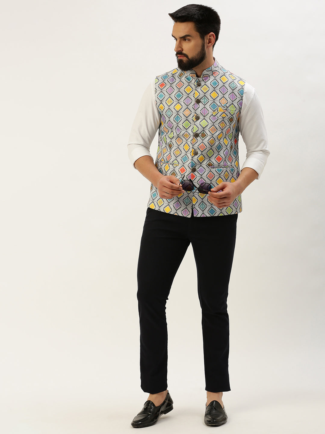 Men Mandarin Collar Printed Multi Nehru Jacket