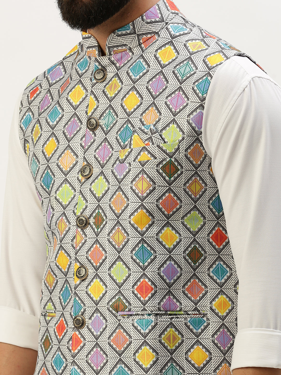 Men Mandarin Collar Printed Multi Nehru Jacket