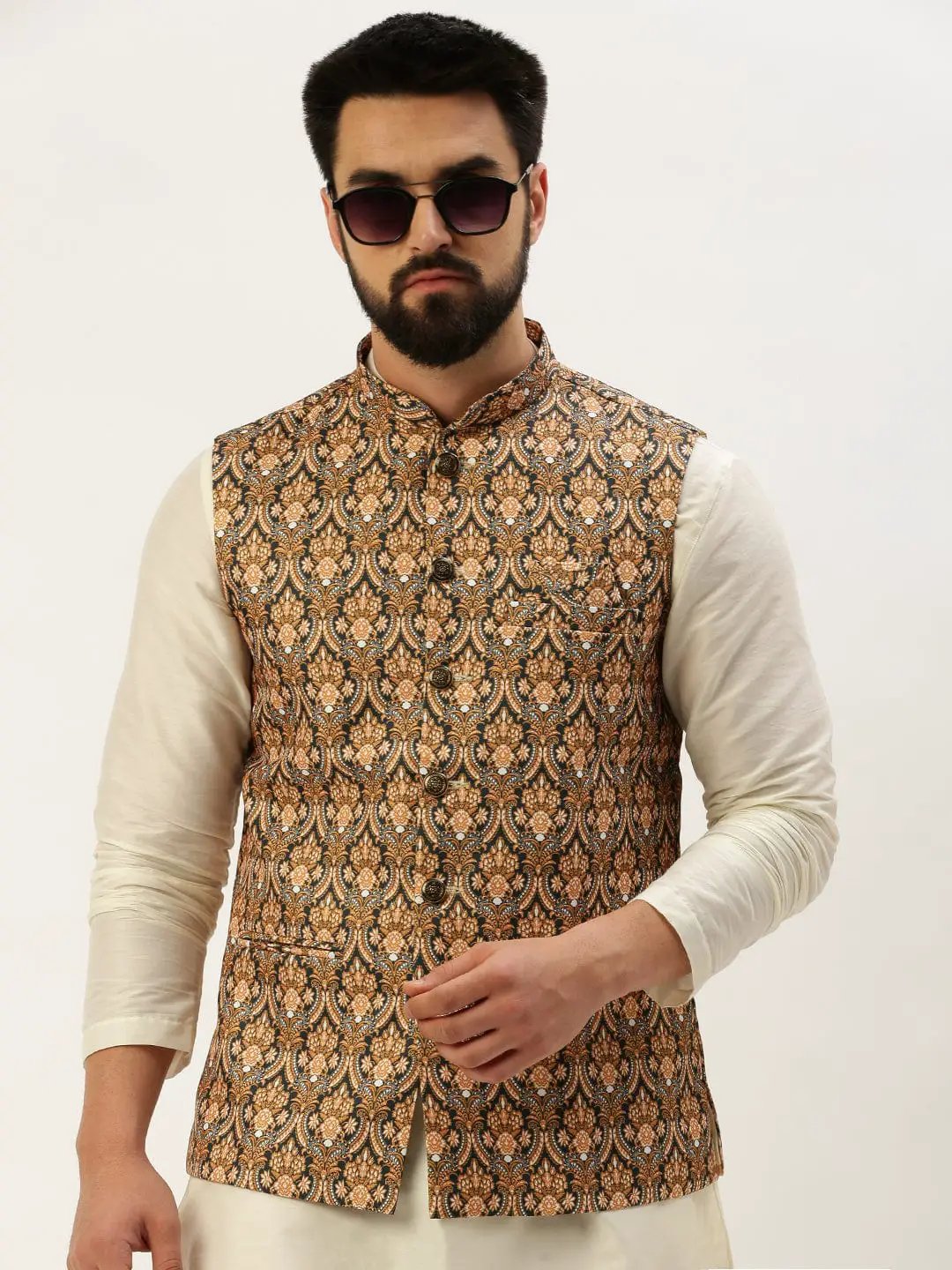 Men's Mandarin Collar Printed Mustard Nehru Jacket