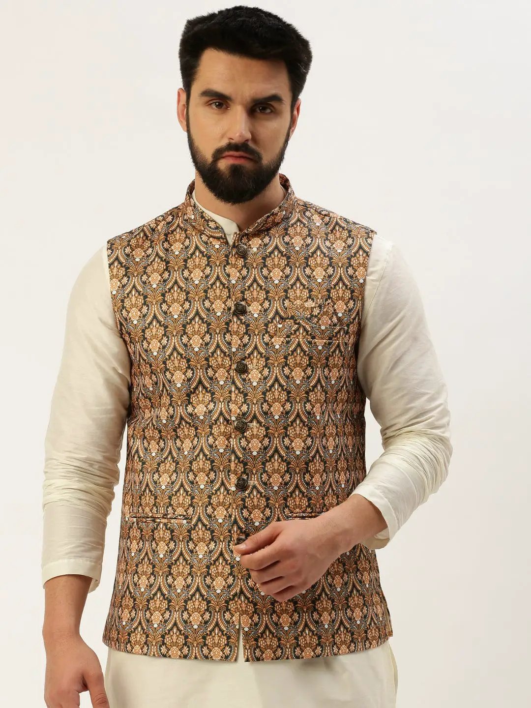 Men's Mandarin Collar Printed Mustard Nehru Jacket