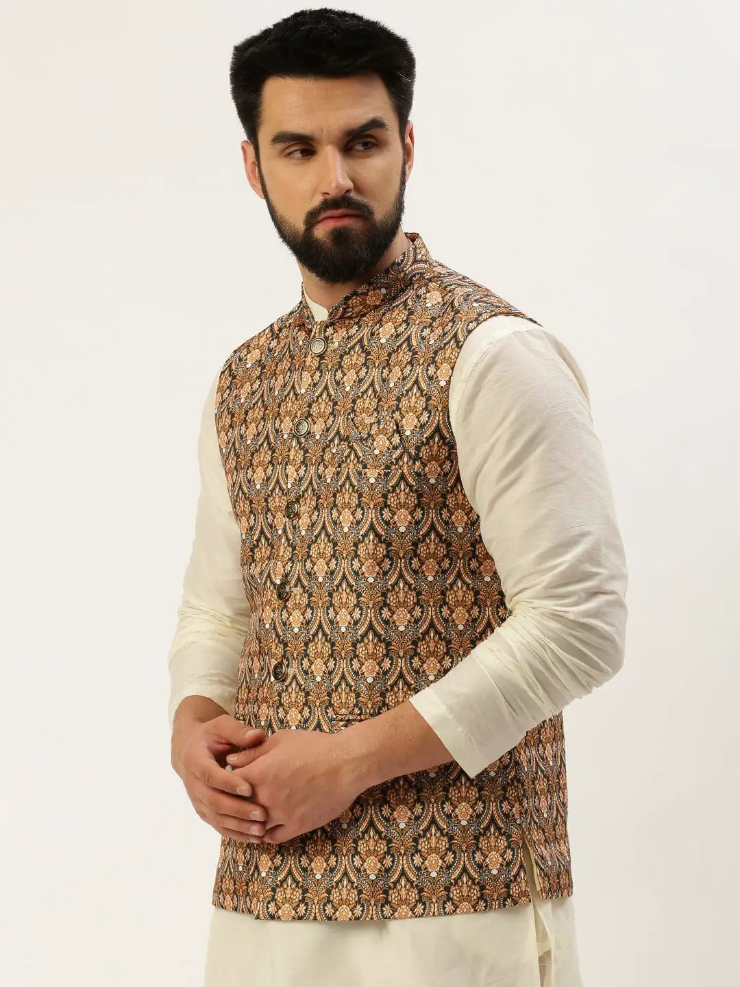 Men's Mandarin Collar Printed Mustard Nehru Jacket