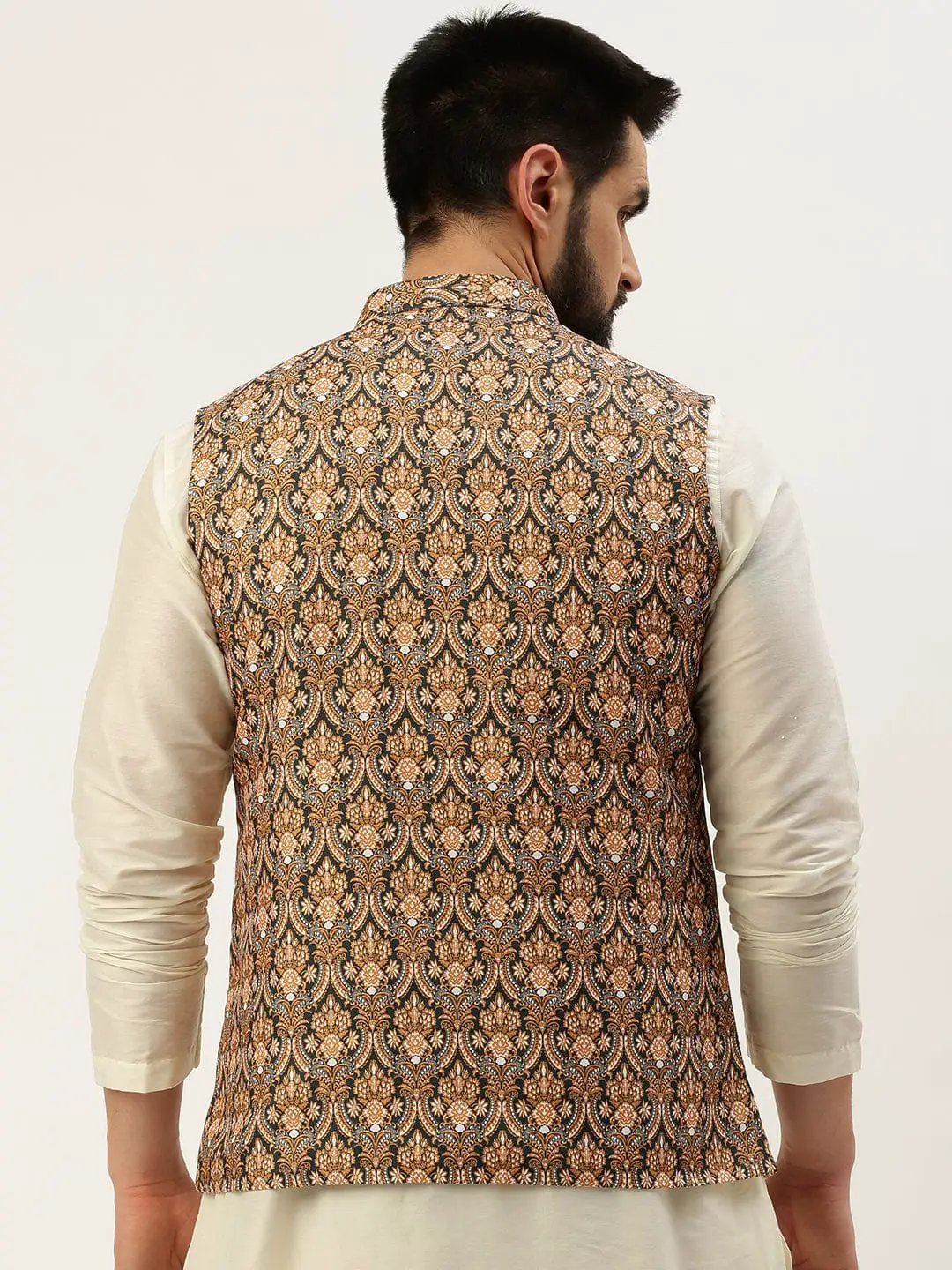 Men's Mandarin Collar Printed Mustard Nehru Jacket