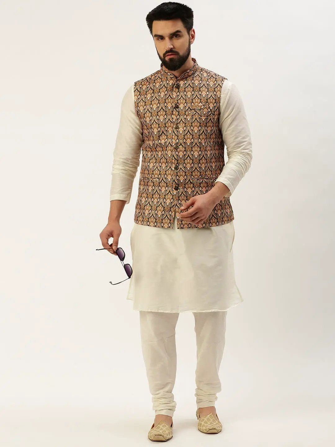 Men's Mandarin Collar Printed Mustard Nehru Jacket