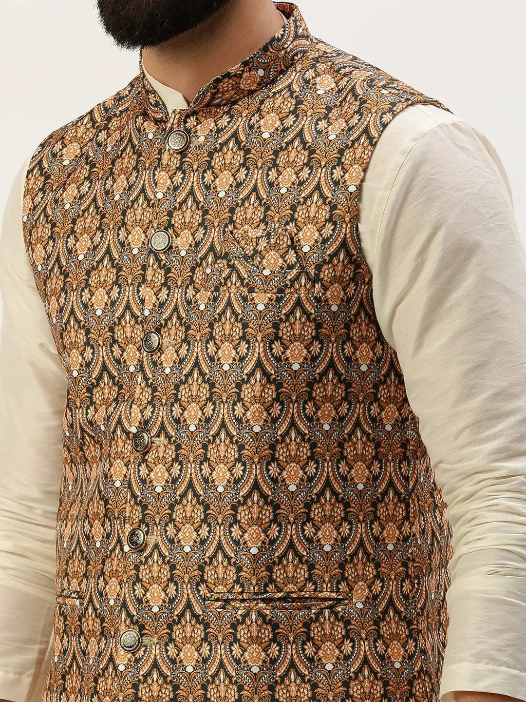 Men's Mandarin Collar Printed Mustard Nehru Jacket