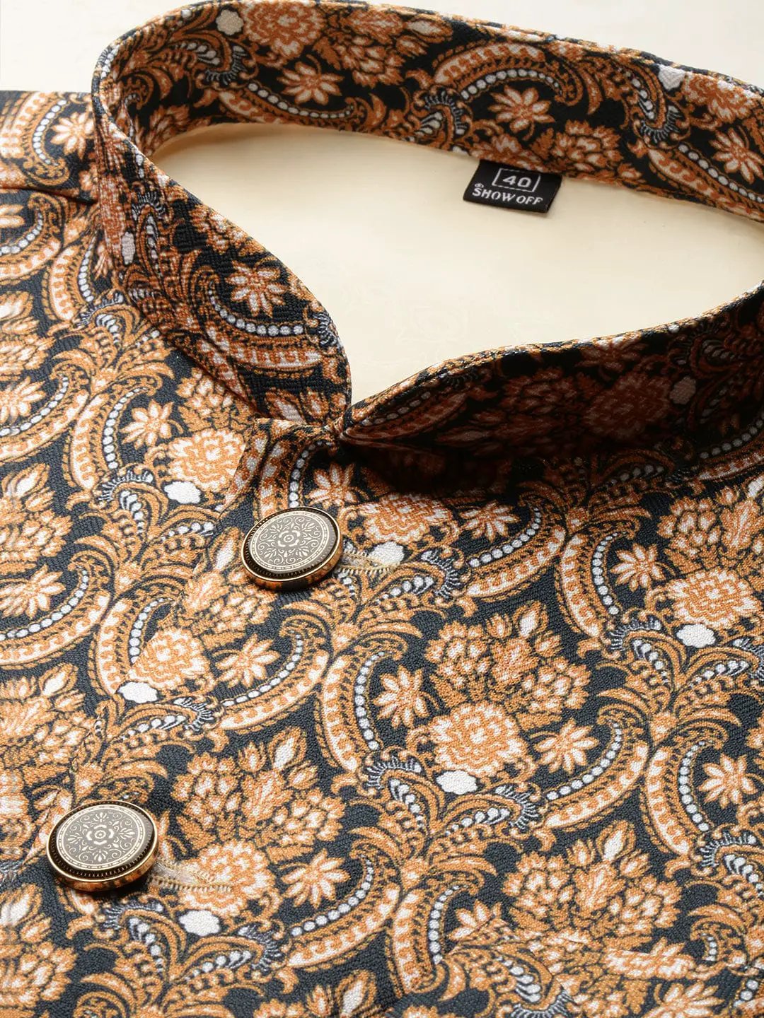 Men's Mandarin Collar Printed Mustard Nehru Jacket