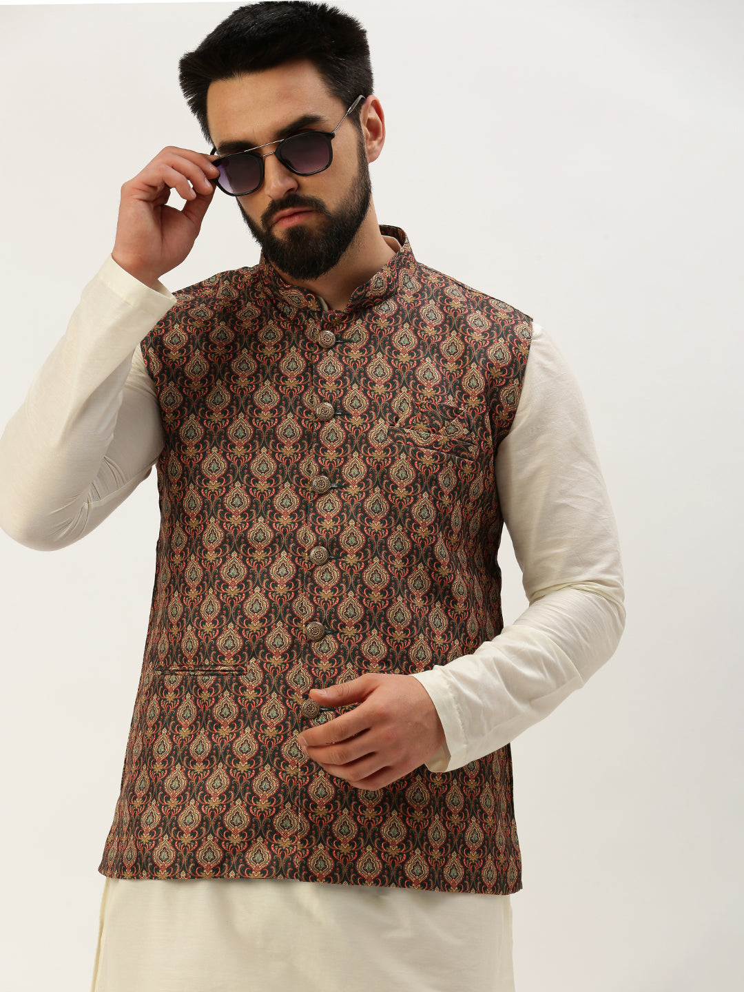 Men Mandarin Collar Printed Multi Nehru Jacket