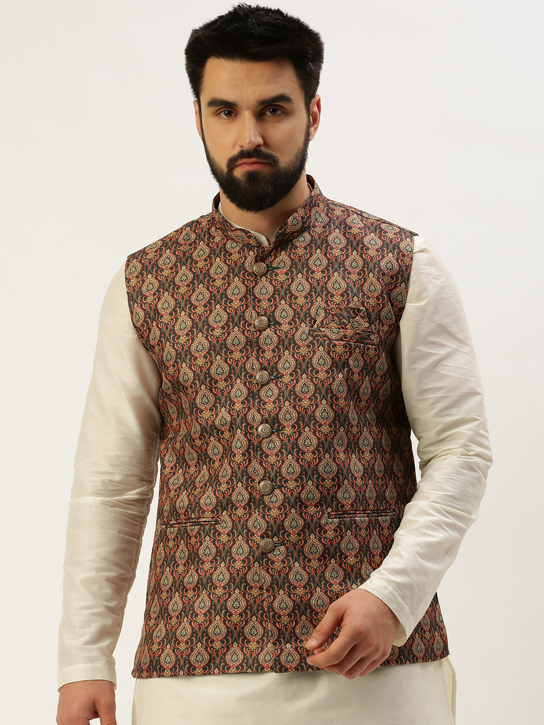 Men Mandarin Collar Printed Multi Nehru Jacket