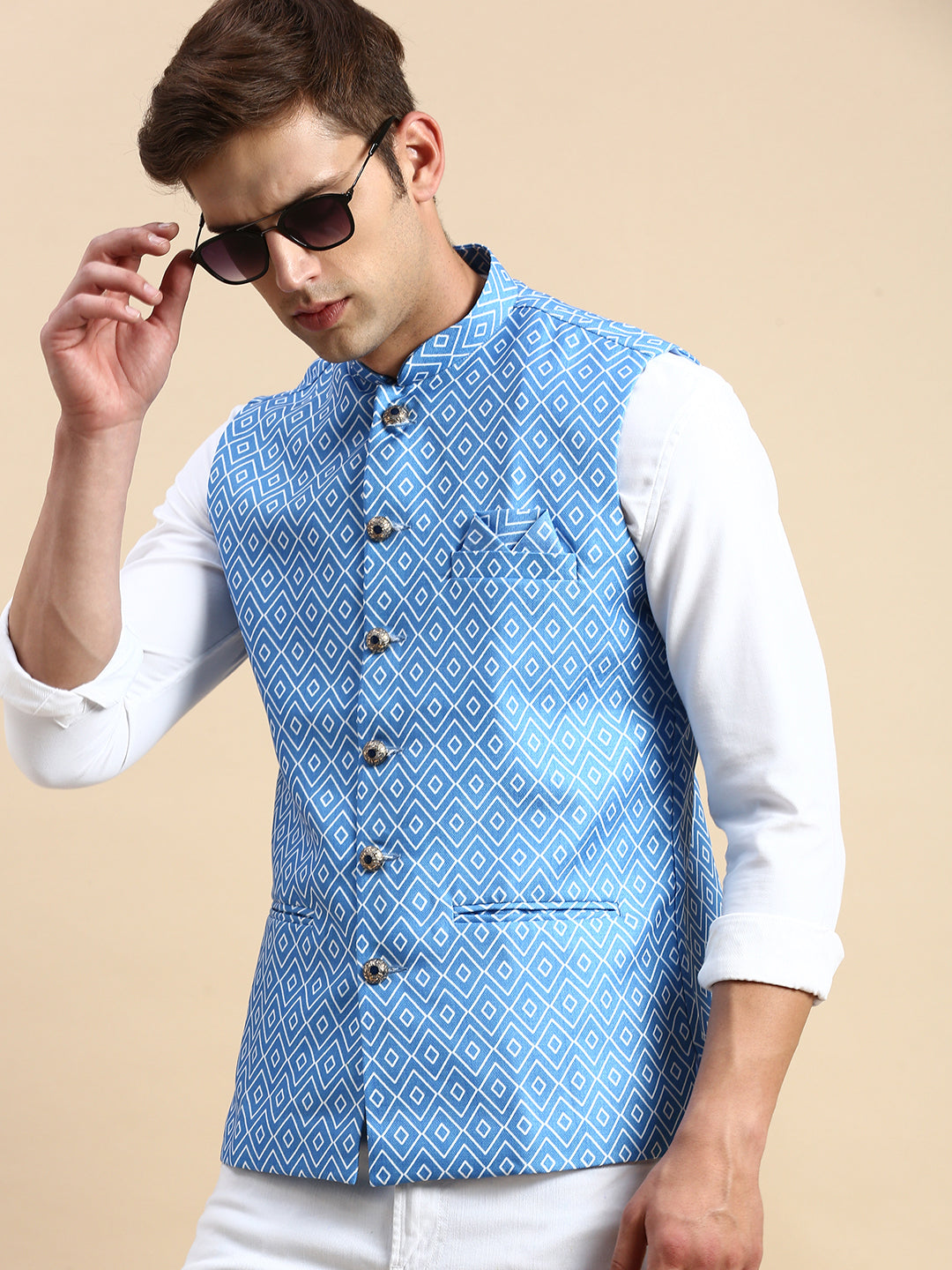 Men Mandarin Collar Printed Blue Nehru Jacket