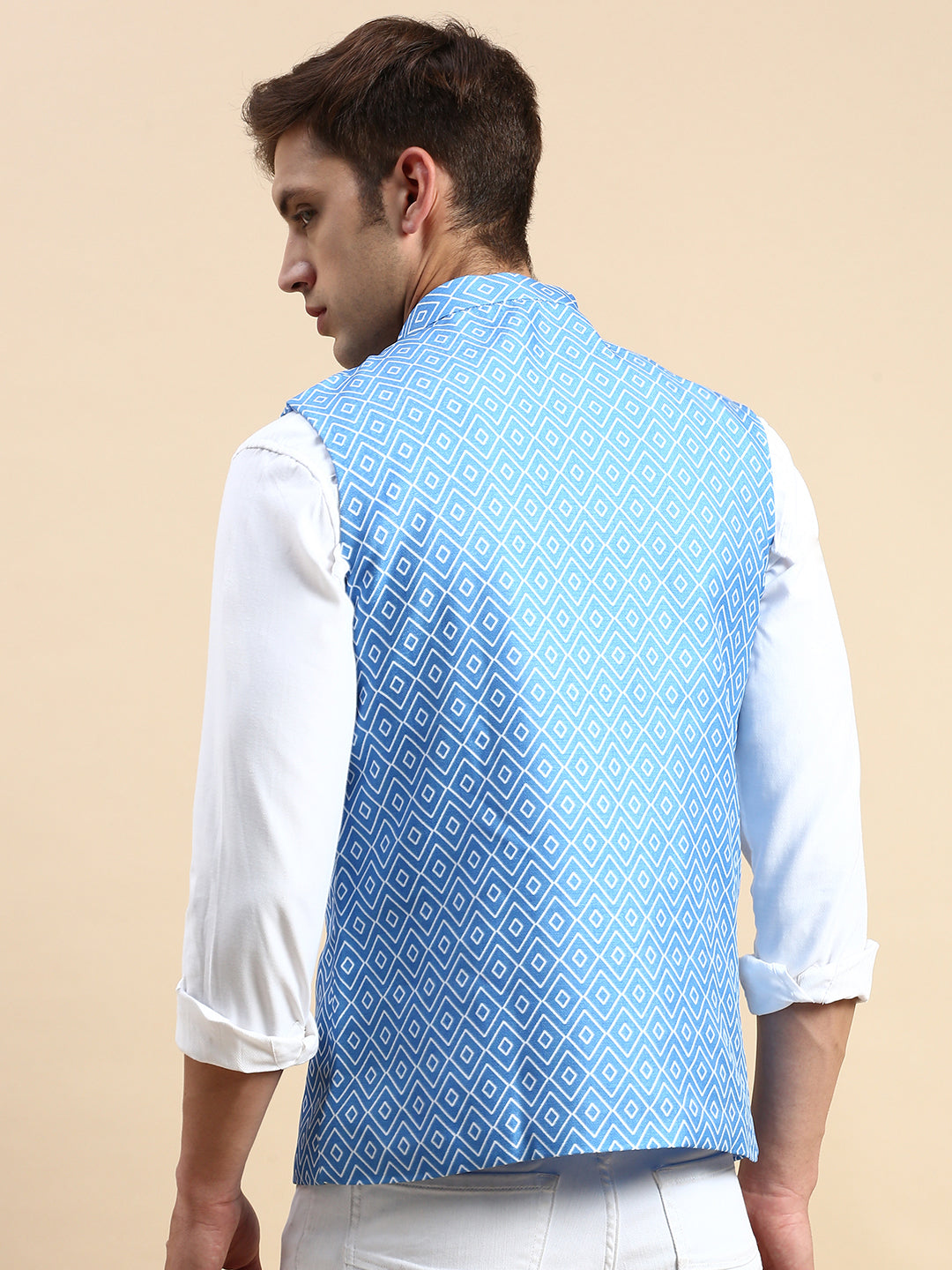 Men Mandarin Collar Printed Blue Nehru Jacket