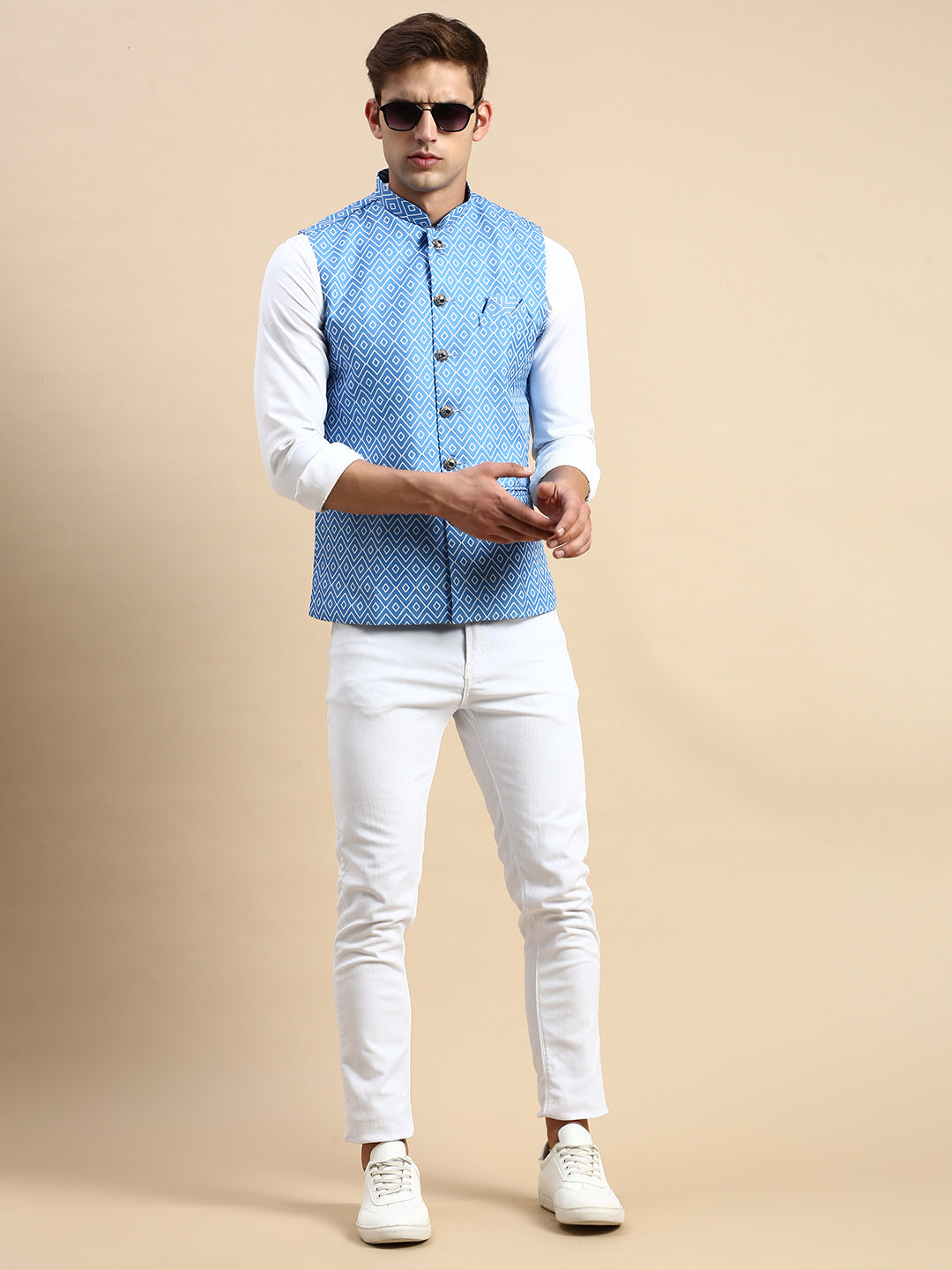 Men Mandarin Collar Printed Blue Nehru Jacket