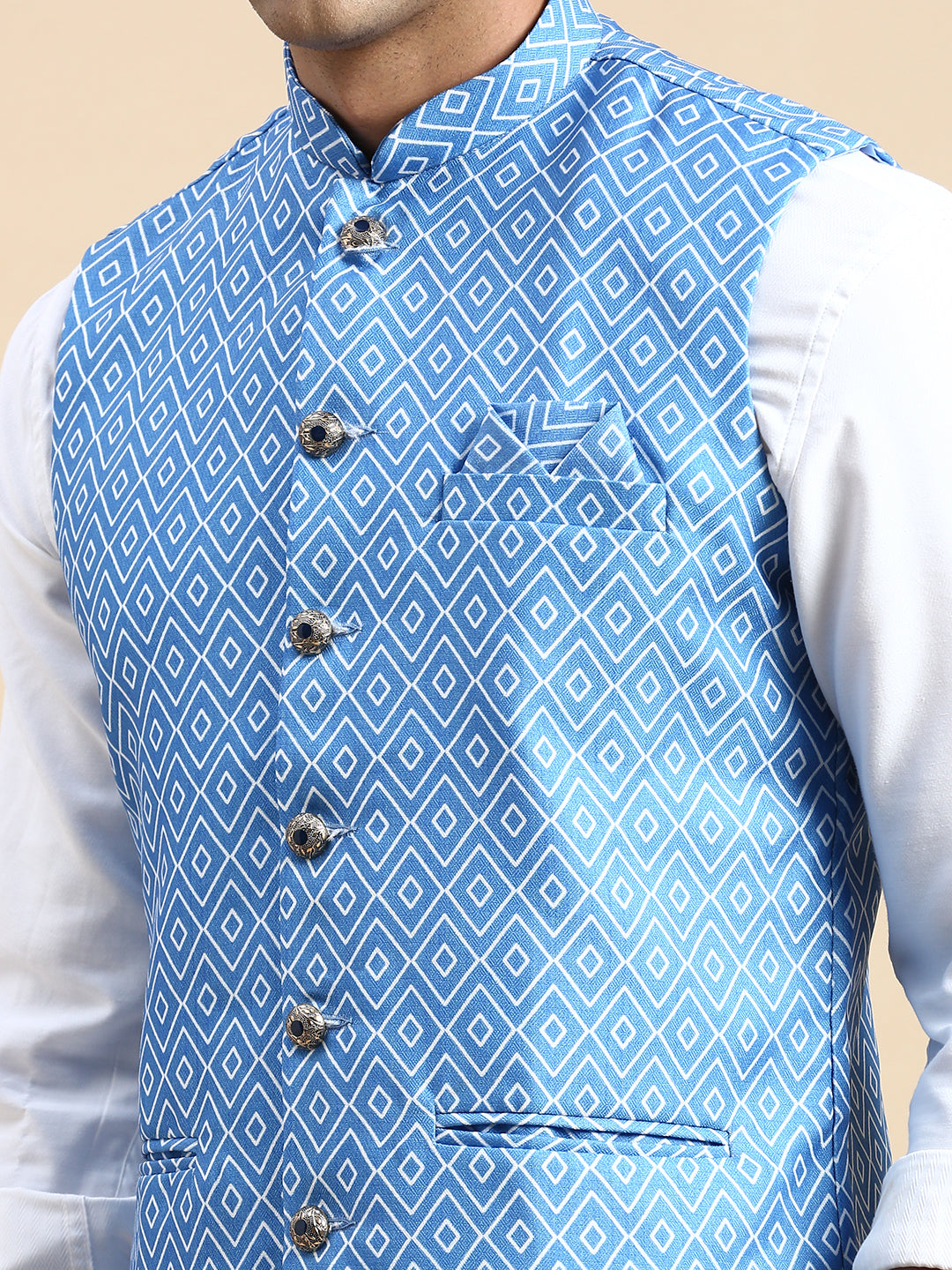 Men Mandarin Collar Printed Blue Nehru Jacket