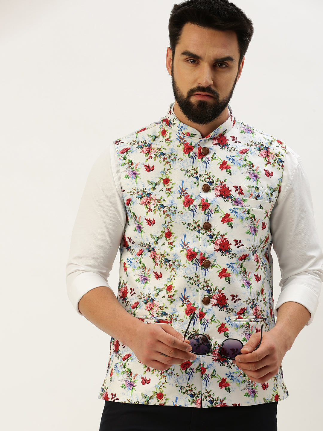 Men Mandarin Collar Printed Multi Nehru Jacket