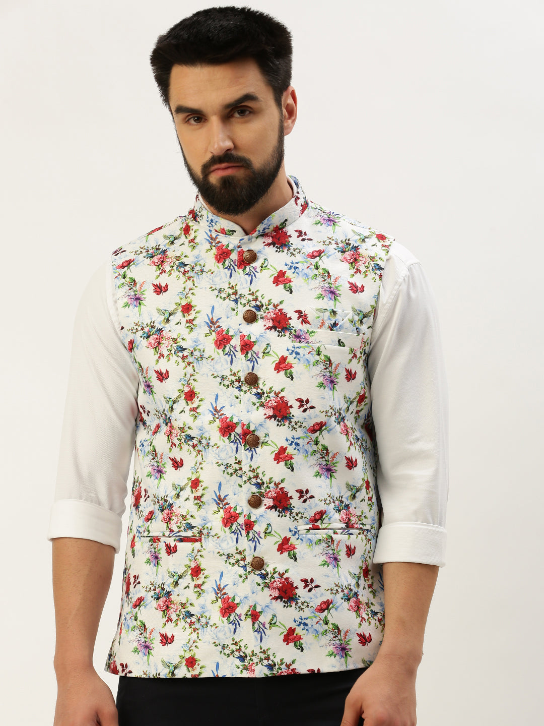 Men Mandarin Collar Printed Multi Nehru Jacket