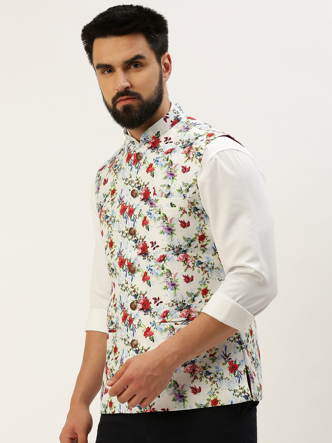 Men Mandarin Collar Printed Multi Nehru Jacket