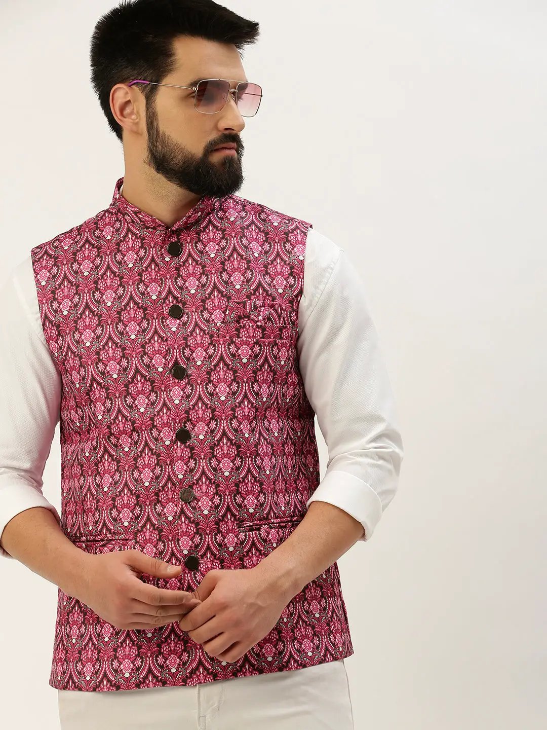 Men's Mandarin Collar Printed Pink Nehru Jacket