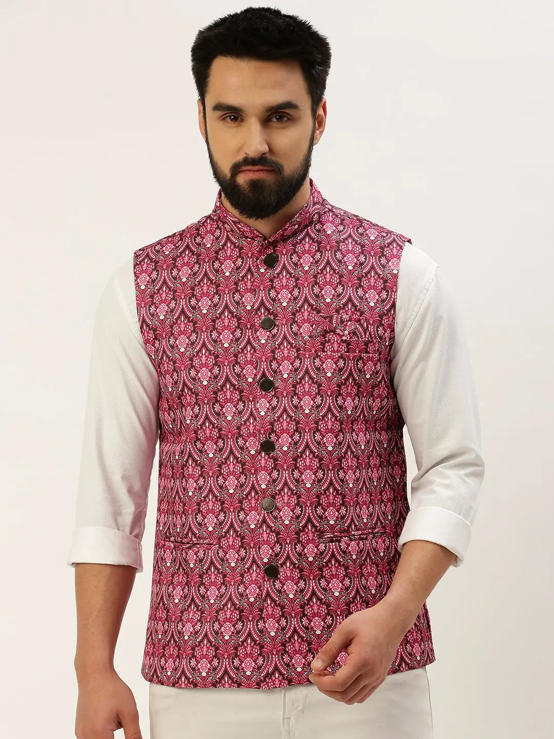 Men's Mandarin Collar Printed Pink Nehru Jacket