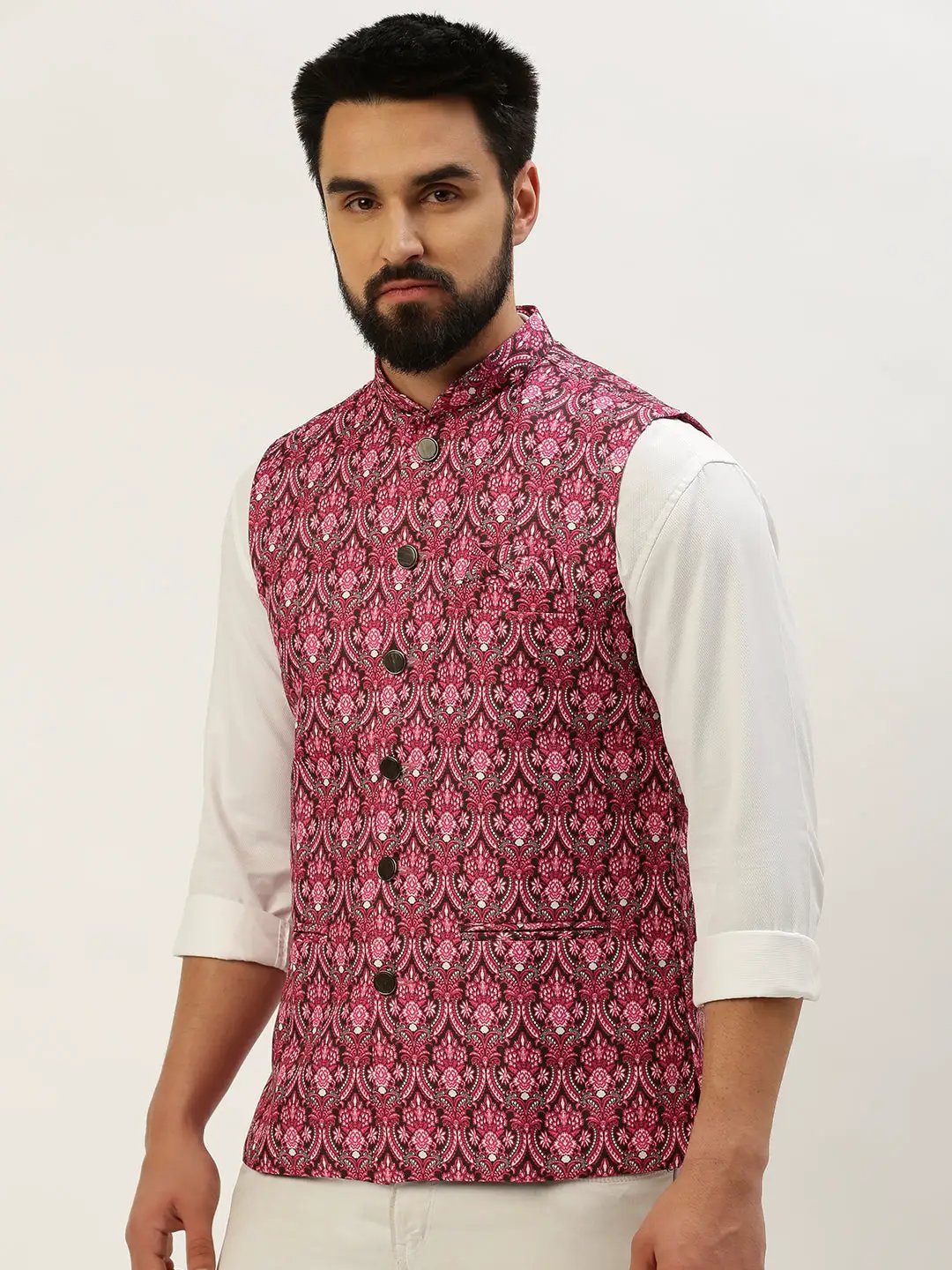 Men's Mandarin Collar Printed Pink Nehru Jacket