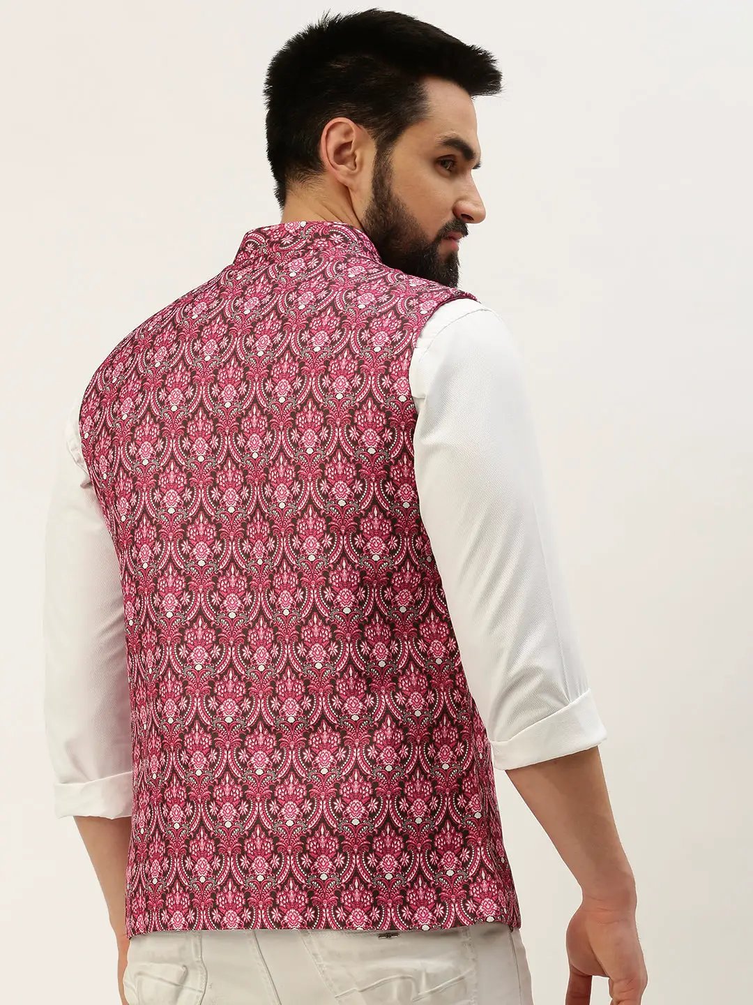 Men's Mandarin Collar Printed Pink Nehru Jacket