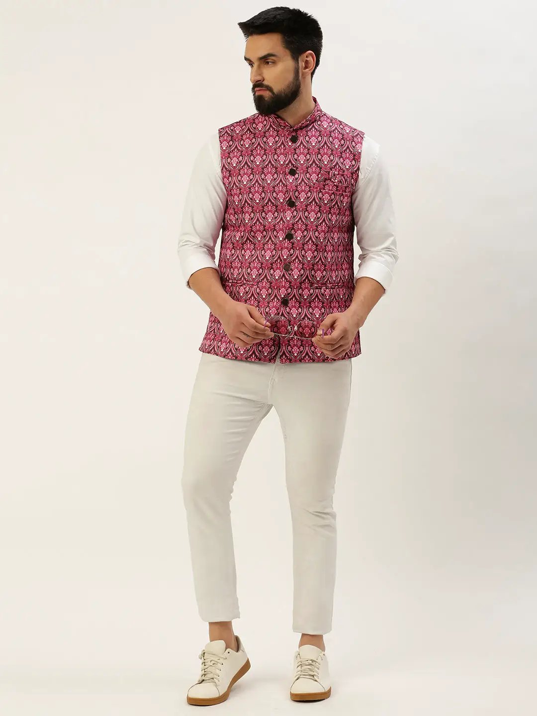 Men's Mandarin Collar Printed Pink Nehru Jacket