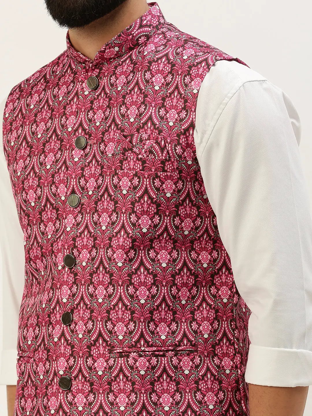 Men's Mandarin Collar Printed Pink Nehru Jacket