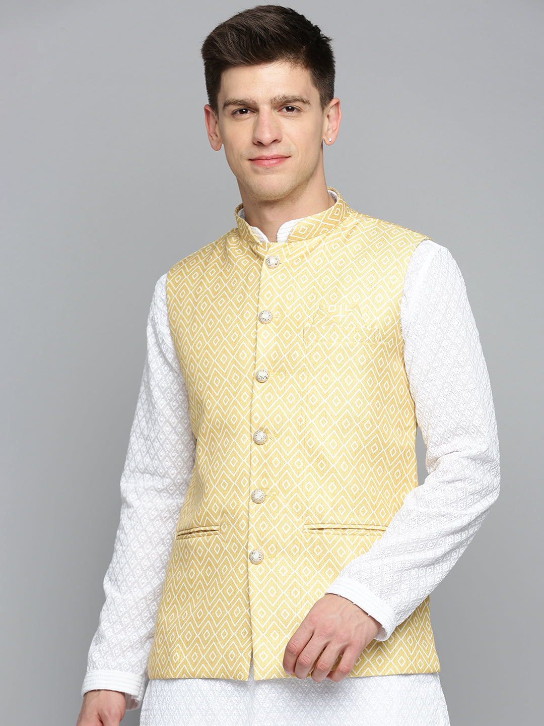 Men Mandarin Collar Printed Yellow Nehru Jacket