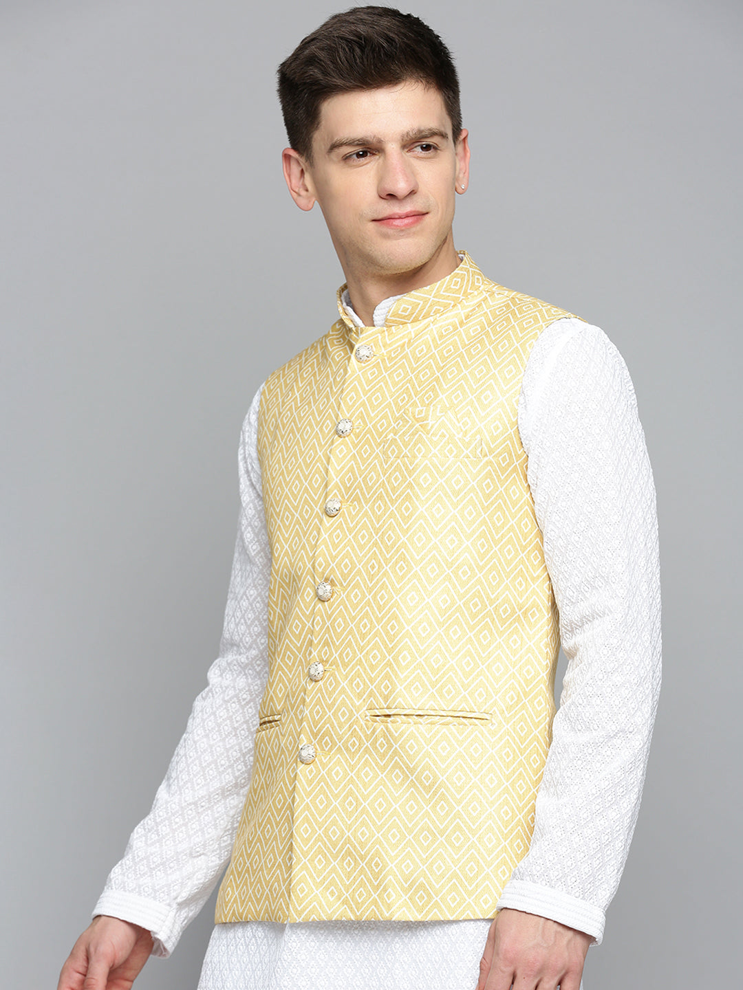 Men Mandarin Collar Printed Yellow Nehru Jacket