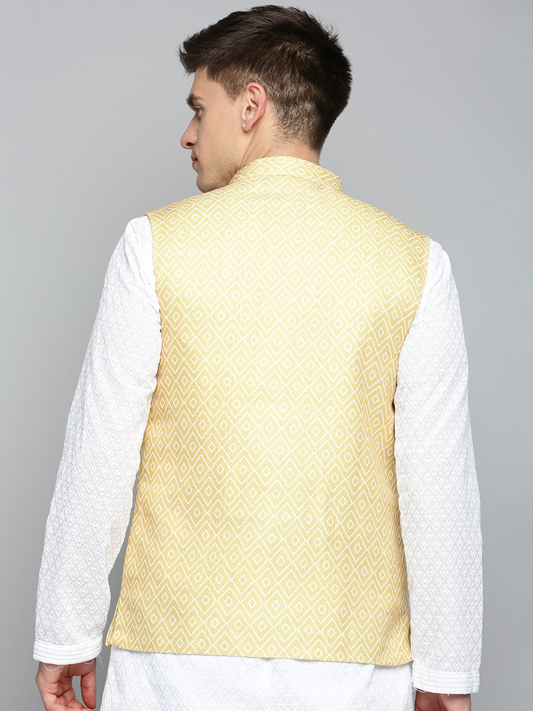 Men Mandarin Collar Printed Yellow Nehru Jacket