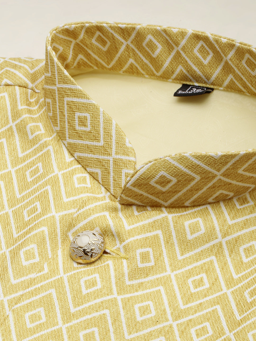 Men Mandarin Collar Printed Yellow Nehru Jacket