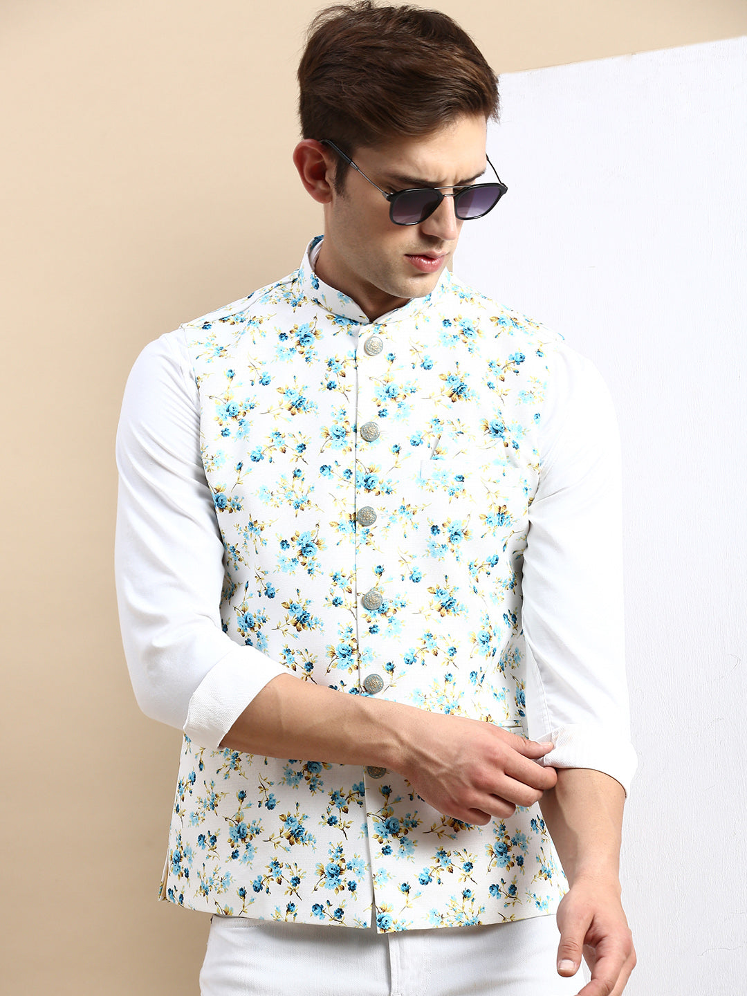 Men Mandarin Collar Printed White Nehru Jacket