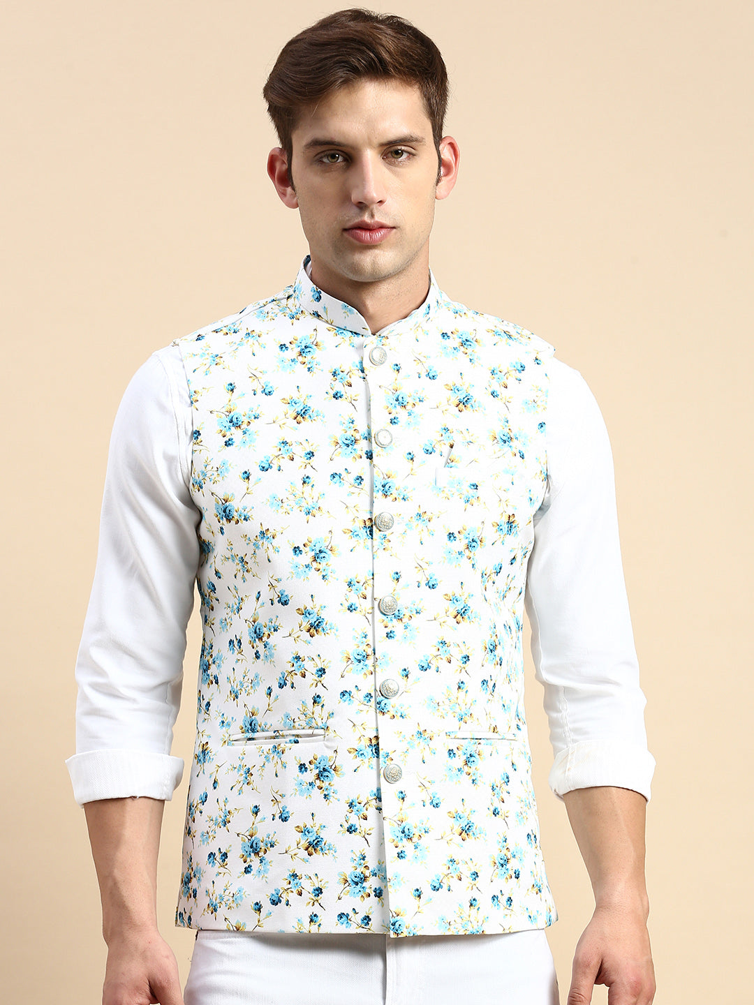 Men Mandarin Collar Printed White Nehru Jacket