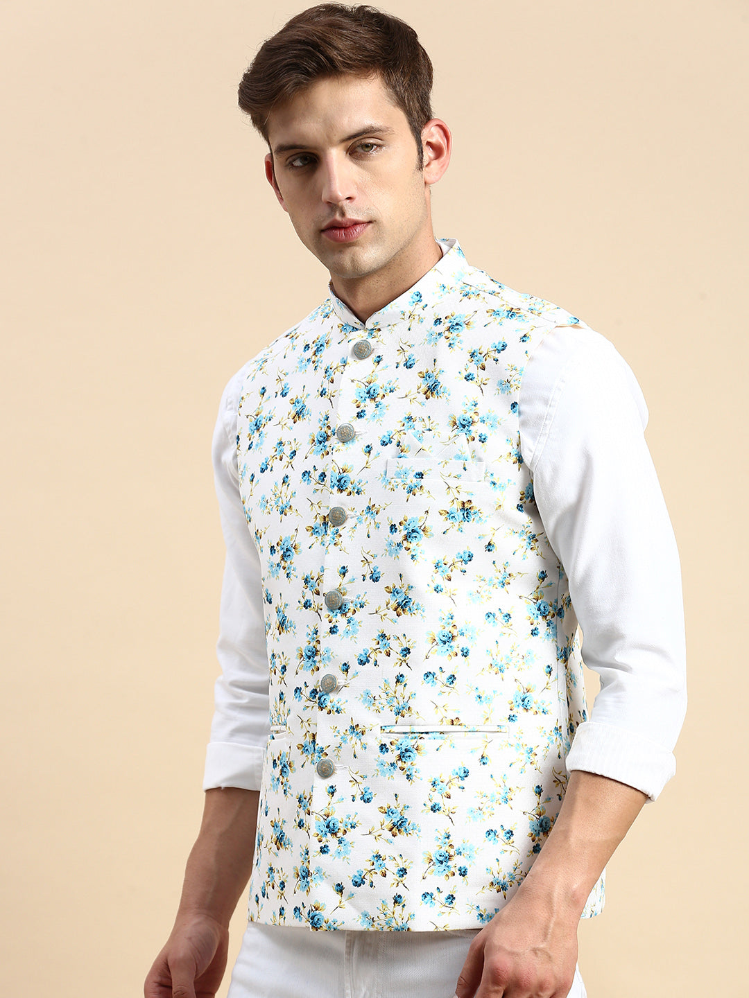 Men Mandarin Collar Printed White Nehru Jacket