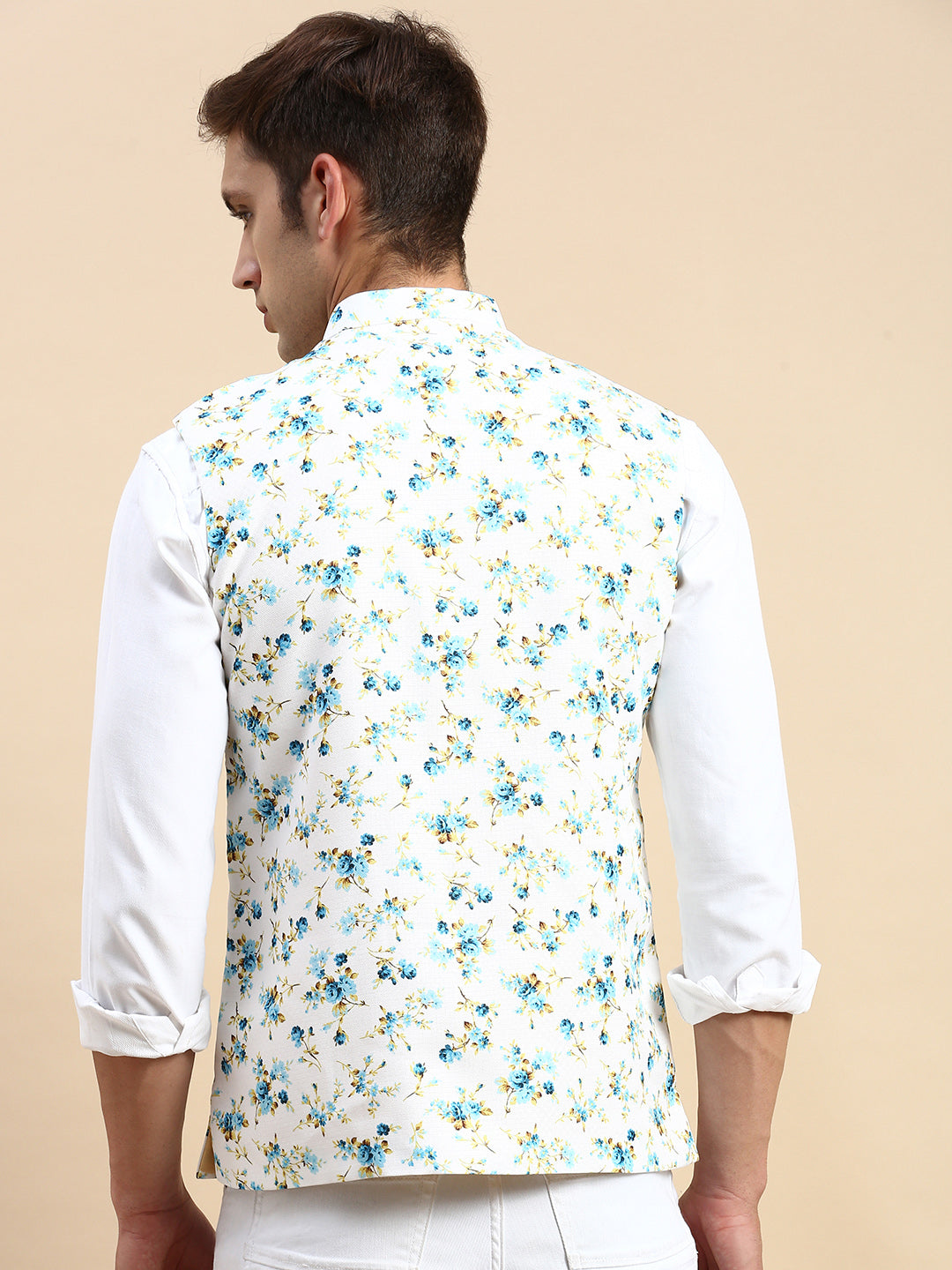 Men Mandarin Collar Printed White Nehru Jacket