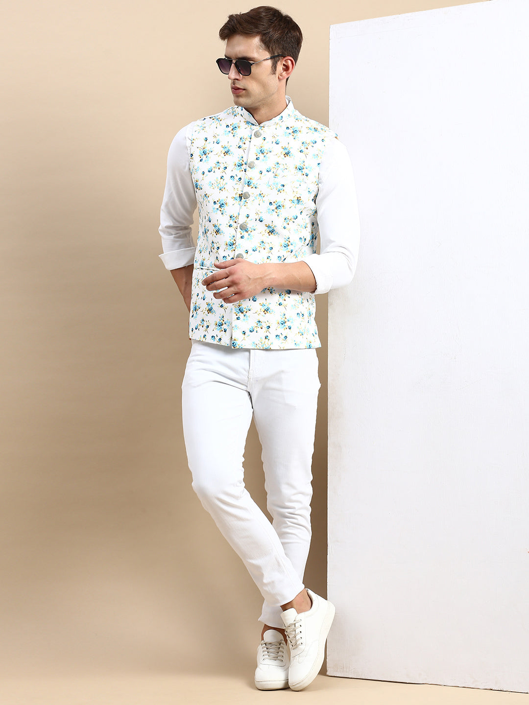 Men Mandarin Collar Printed White Nehru Jacket