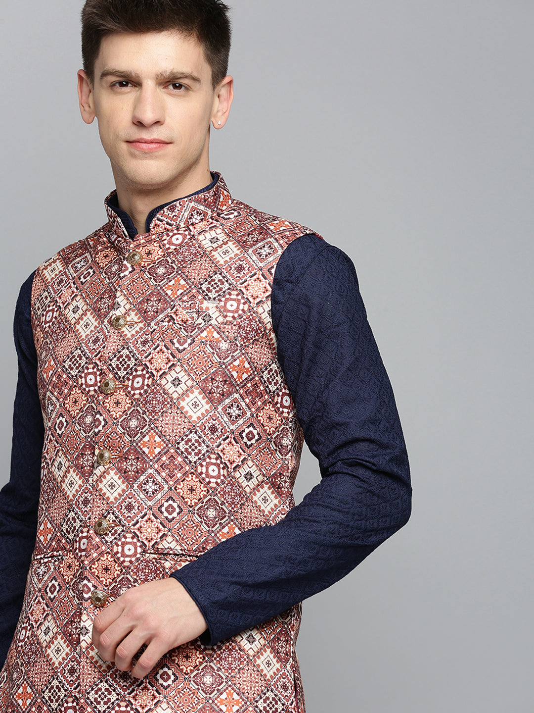 Men Mandarin Collar Printed Brown Nehru Jacket